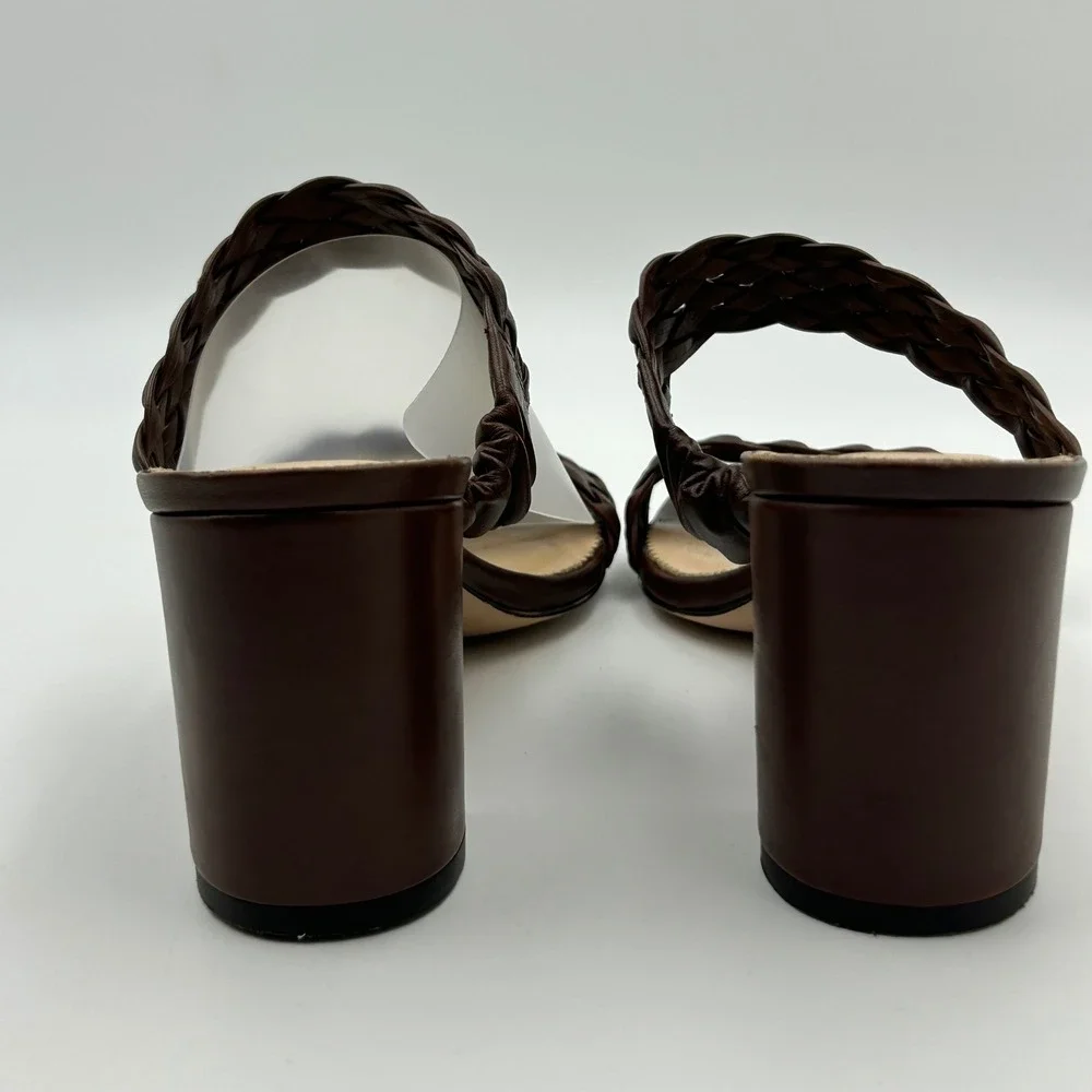 J.Crew Braided Leather Block Heel Sandals Womens 8 Brown Mules Quiet Luxury Boho